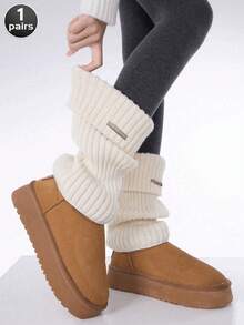 1 Pair Plain Ruffle Leg Warmers With Metal Tag, Suitable For Autumn And Winter Daily Outfit - White - View 1