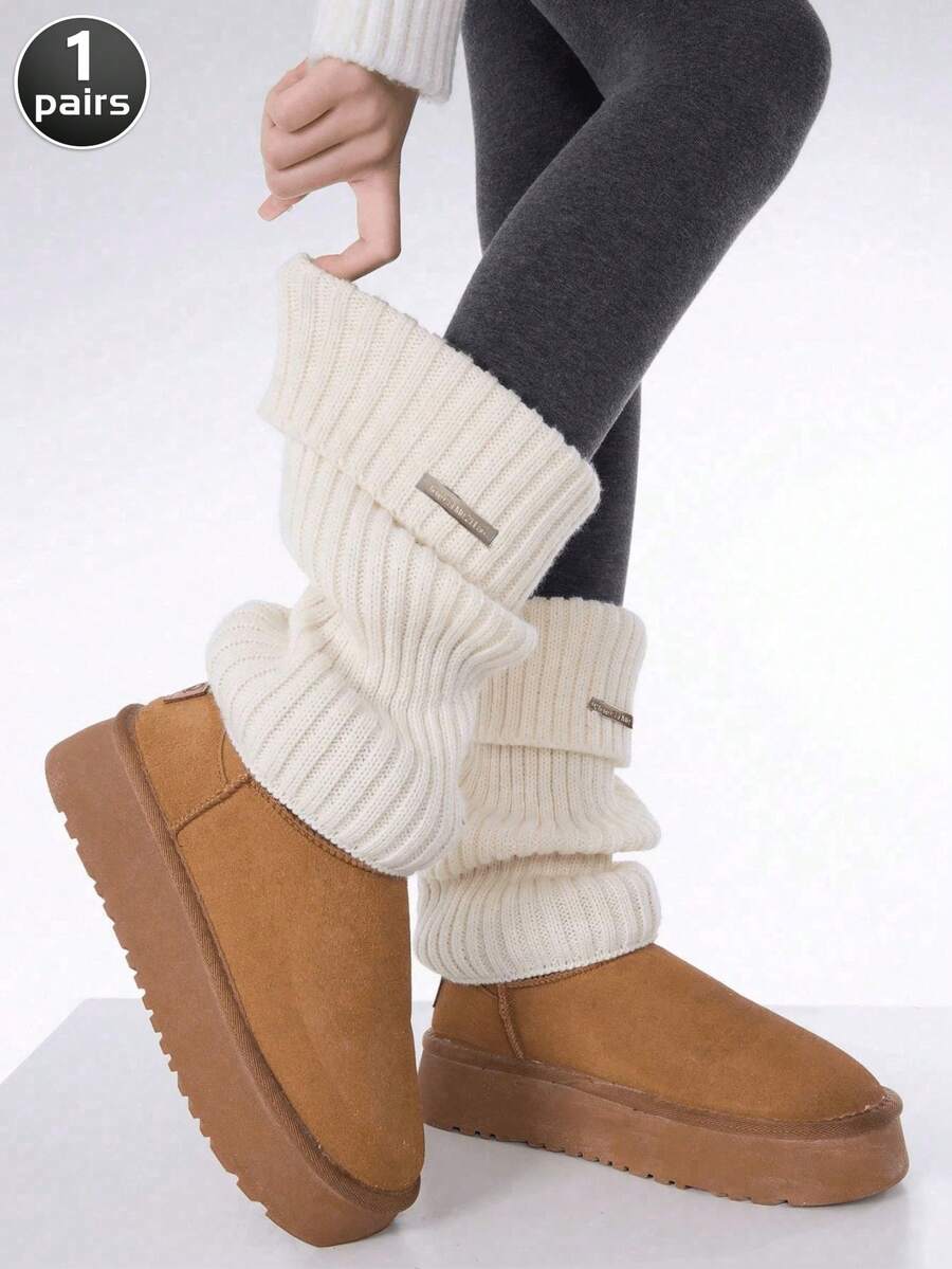 1 Pair Plain Ruffle Leg Warmers With Metal Tag, Suitable For Autumn And Winter Daily Outfit - White - View 1