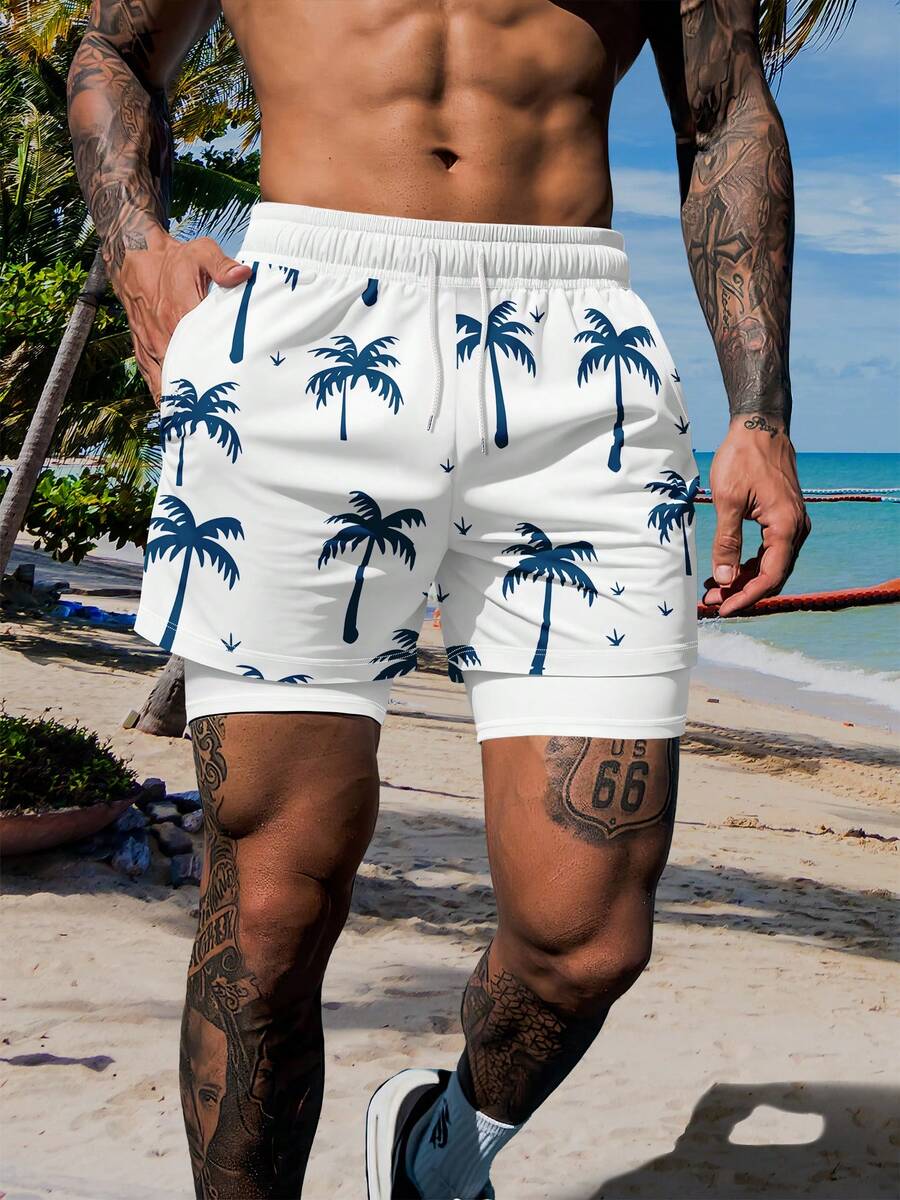 Men's Refreshing Palm Tree Print Double Layer Sport Pants, Vacation Style - Multicolor - View 1