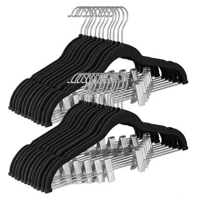 5/12/20/24个装黑色植绒衣架，带可调节夹子，节省空间的重型裤架，适用于衣柜整理，防滑天鹅绒表面，配有安全可调节夹子，经久耐用，可牢固夹住裤子、裙子和腰带，时尚黑色植绒表面，是小空间、宿舍、洗衣房、家居收纳、春季大扫除和母亲节礼物的理想之选，日常使用也十分方便。