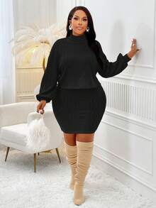 Plus Size Women'swarm High Neck Off Shoulder T-Shirt And Skirt Knitted Set, Suitable For Daily Outings And Office Wear - Black - View 5