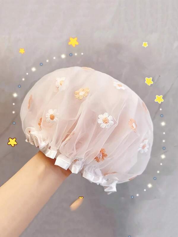 2pcs Double Thick Shower Cap Waterproof Women's Sunflower Embroidery Shower Cap Wholesale General Creative Fresh And Simple