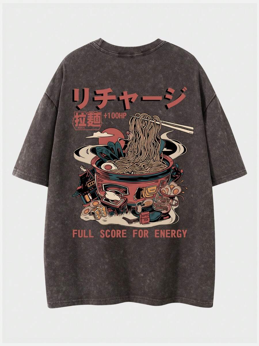 Shwiy Men's Vintage Washed Ramen Print Cartoon Letter Graphic Short Sleeve T-Shirt, Casual Streetwear - Coffee Brown - View 1