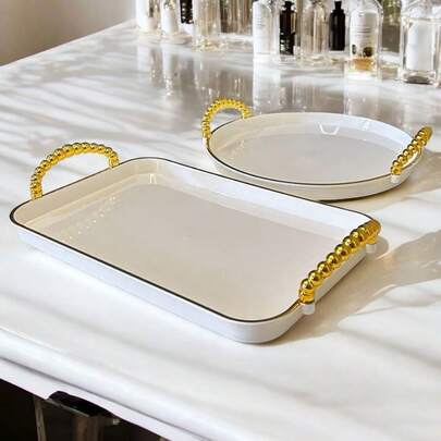 Bandeja Luxo Decorativa com alças Grande Borda Dourada Banheiro Lavabo Multiuso Cantinho do Café