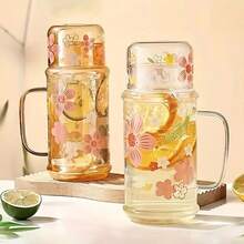 1pc Large Capacity Heat Resistant Floral Pattern Glass Mug With Lid, High Borosilicate Big Drink Cup - Heat Resistant, Dishwasher Safe