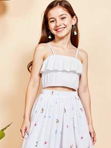 Conjunto de 2 piezas para niñas: Top de tirantes con estampado floral y falda larga, conjunto elegante de estilo campestre para vacaciones de verano