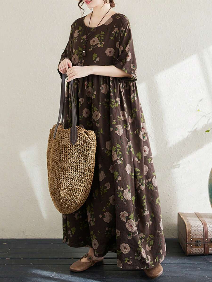 Top, 2025 Lato Nowy Czeski Casual Wear, Damska Casualowa Elegancka Sukienka Wakacyjna, Codzienna Odzież Dla Matki, Damska Plus Size Easy Easy Vintage Okrągły Dekolt Rękawy Duża Sukienka Swing