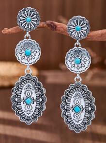 MONLOTTI 1 Pair Cowgirl Western Vintage Boho Style Totem Carved Geometric Patchwork Metal Alloy Pendant Earrings, Fashion Earrings For Women, Retro Jewelry