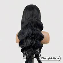 CUEKI 28 英寸波浪蕾丝前假发 人发混合 13x4 蕾丝前假发 纤维混合人发 预拔波浪黑色假发 女士 180% 密度（鲍勃假发 6-14 英寸） - 黑色 - 查看 4