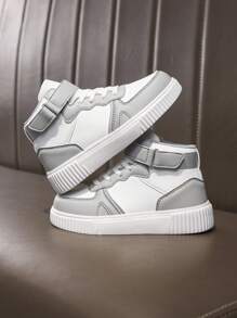Crianças Novos Sapatos Esportivos Leves Confortáveis de Patchwork Branco e Cinza, Design Minimalista Adequado Para Fitness Infantil, Corrida, Jogos Ao Ar Livre, Solas Macias E Absorventes De Choque, Tênis Casuais De Tamanho Grande