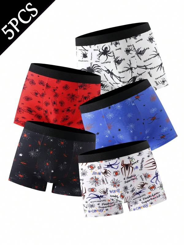 5pcs/Pack Boys Basic Cotton Boxer Briefs, Spider & Animal Printed, Soft & Elastic, Suitable For 8-12 Years Old, Casual Sportswear