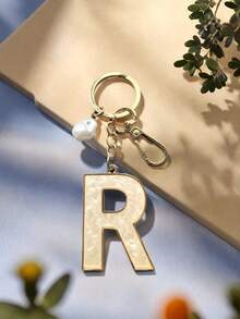 Alloy Letter Acrylic Inlay Keychain, Faux Pearl Shell Pendant Bag & Jeans Accessory, Gift For Friends And Classmates - Golden - View 8