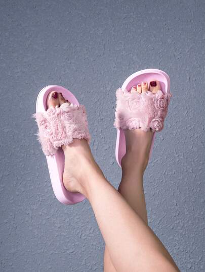 1 Pair Girls' Comfortable & Fashionable Casual Lightweight Cute Pink Fluffy Flower Indoor/Outdoor Slippers, Suitable For Spring/Summer