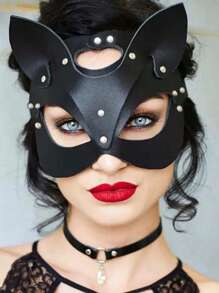 Máscara sexy de mujer para cosplay de gato, máscara de media cara - Set de máscara y collar de PU, collar de atracción, máscara de gato divertida negra, accesorio para fiesta de Halloween, accesorios sexy de lencería