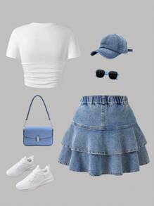 Tween Girl Butterfly Print Short Sleeve Top And Denim Mini Skirt