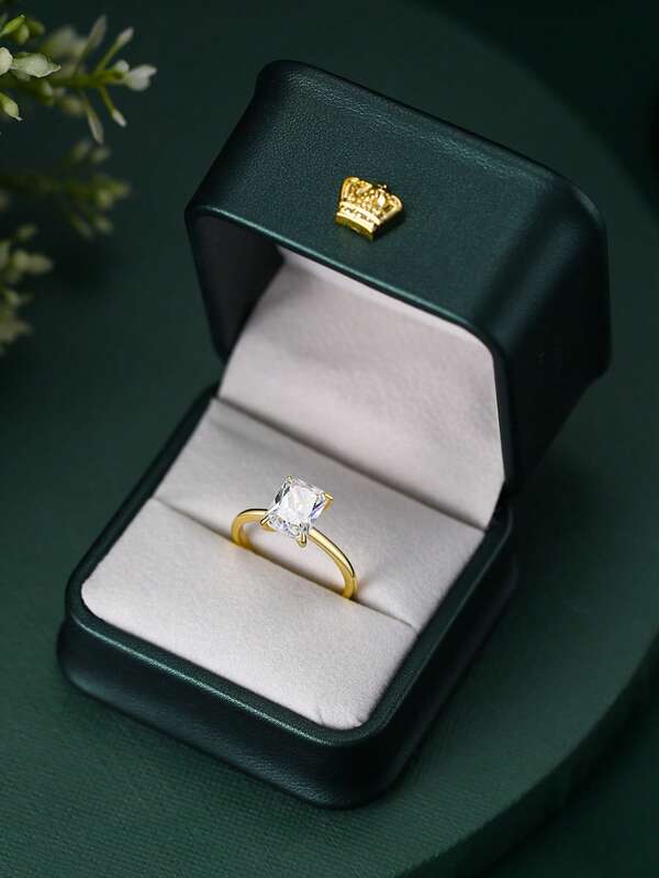 1 حلقة مطلية بالفضة عيار 925 والذهب عيار 14 قيراط بسيطة بحجر مستطيل 2.0 قيراط، مع علبة هدية، هدية للحبيبة ، هدية سنوية، خاتم زفاف من المجوهرات الرفيعة