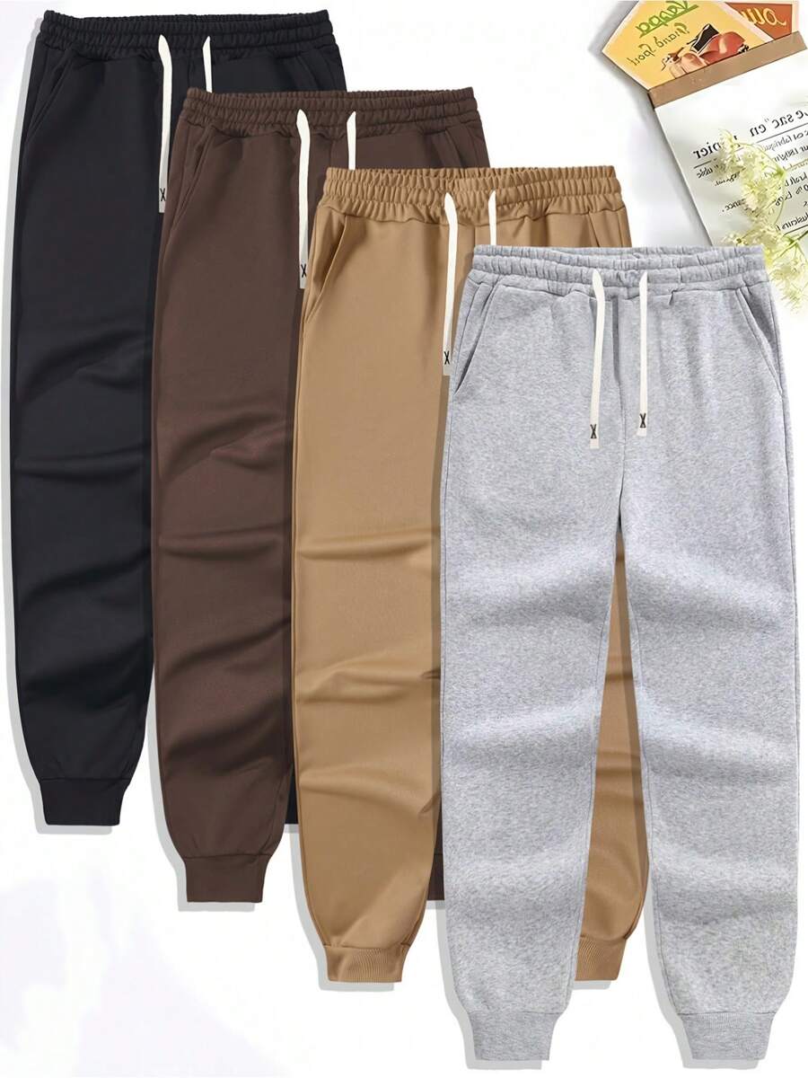 4-Pack Men's Solid Sweatpants Set - Comfortable Drawstring Waist, Multiple Pockets, Regular Fit, Cuffed, Spring, Autumn, Running, Daily Outerwear, And Casual Wear
