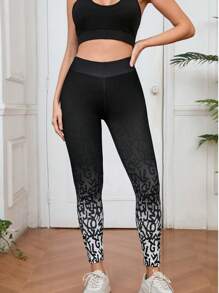 1 Set Sports Outfit, Gradient Random Letter Print Leggings, Racerback Sports Bra, Tight Fit Slimming