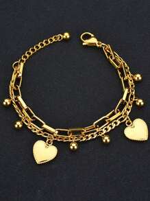 1pc Unisex Couple Bracelet, Vintage Fashionable Double-Layer Heart Design, Multi-Element Chain, Personalized Street Hip-Hop Luxury Titanium Steel Bracelet Accessories
