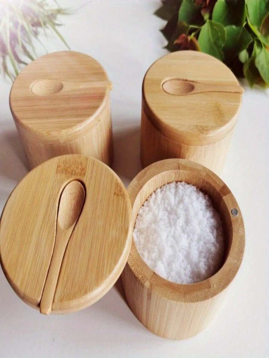 1个复古木制调料罐，带磁性密封盖 - 防潮、节省空间，尺寸：3.5x3.5x2.75英寸，厨房必备，可用于存放香料、调味料、咖啡、茶叶等。