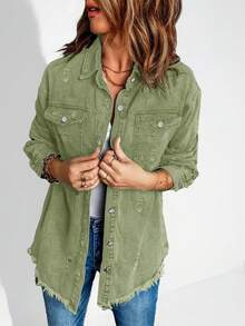 Green Denim Jacket Jeans Flap Pocket Drop Shoulder Denim Jacket Women's Ripped Distressed Denim Jacket Casual Long Sleeve Boyfriend Jean Coat Basic Jackets - Green - View 1