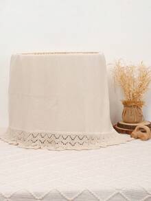 1pc Infant/Toddler Knitted Solid Color Blanket With Delicate Lace Trim, Soft & Comfortable, All Season Baby Throw Blanket - Beige - View 4