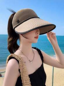 1pc Women's Solid Color Knitted Large Brim Sunhat, Breathable Mesh Top, Hiking, Traveling, Outdoor Activities Design, Spring/Summer - Multicolor - View 6
