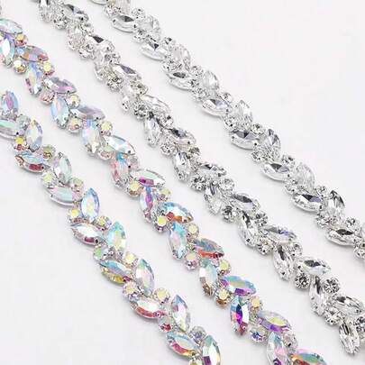 1 Yard/36inch Colorful Glass Rhinestone Edging Chain, Sewing Accessory For Garments, Bags, Shoes, Hair Accessories, Bridal Gown, Elegant AB Crystal Decorative Chain Trim - White, Suitable For Sewing, Jewelry Making And DIY Wedding Decoration