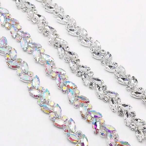 1 Yard/36inch Colorful Crystal Eye Rhinestone Trimming, Glass Rhinestone Chain Decoration For Dresses, Bags, Shoes, Hair Accessories, Fashion Crafts, Bridal Gowns, Packaging, Performance Costumes - White Adhesive, Suitable For Sewing, Jewelry Making And DIY Wedding Decor, AB Rhinestone Chain Trim For Wedding Dress, Bags, Hats And Shoes Accessories - Fabric Decor