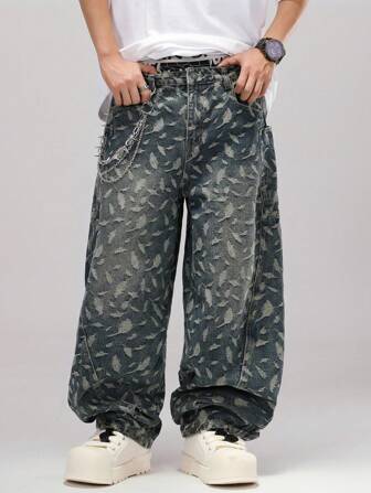 Jeans larges et évasés en denim de style vintage avec motif jacquard, pantalon de mode polyvalent à jambe large