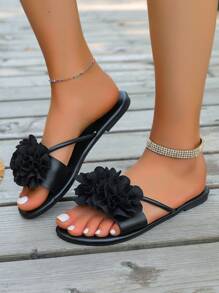 Nuevas sandalias de moda de verano con diseño floral bicolor, versátiles sandalias slip-on bicolor beige y rosa con aplicaciones