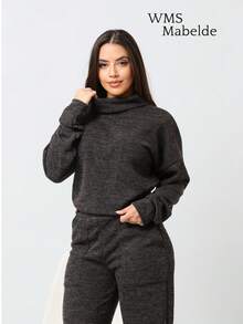 WMS Women's Woolen Ribbed Crew Neck Pants Set SimpleElegantCasualCutePocket - Black - View 3