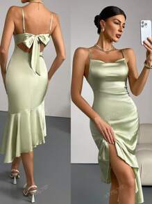 Vestido de Coquetel Elegante Ajustado Simples com Alça Tipo Spaghetti de Cor Sólida, Vestido de Festa