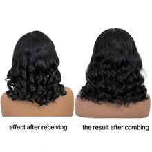 CUEKI 28 英寸波浪蕾丝前假发 人发混合 13x4 蕾丝前假发 纤维混合人发 预拔波浪黑色假发 女士 180% 密度（鲍勃假发 6-14 英寸） - 黑色 - 查看 5
