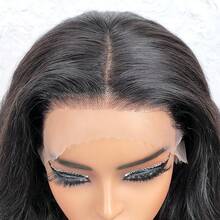 CUEKI 28 英寸波浪蕾丝前假发 人发混合 13x4 蕾丝前假发 纤维混合人发 预拔波浪黑色假发 女士 180% 密度（鲍勃假发 6-14 英寸） - 黑色 - 查看 2