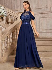 MIUSOL Elegant High Neck Sequin Floral Lace Off-Shoulder Evening Maxi Dress