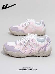 WARRIOR 1 Pair Women's Casual Sports Shoes, Lace-Up Design, Low-Top Outdoor Mesh Patchwork Breathable Flat Shoes For Spring And Summer, Comfortable Soft Sole Hiking Shoes With Retro Details, Classic Vintage Running Shoes For Students, Outdoor Activities And Commuting - Light Pink/beige/purple - View 5