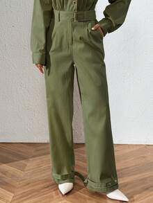 Jumper largo recto estilo casual liso para mujer con solapa y cinturón sencillo - Verde militar - Ver 4