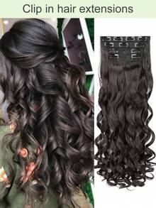 夾式髮類，20英寸長波浪4入組深棕色夾式髮延長套裝，天然柔軟合成纖維夾式髮套，適用於女性日常使用 - Dark Brown - 查看 1