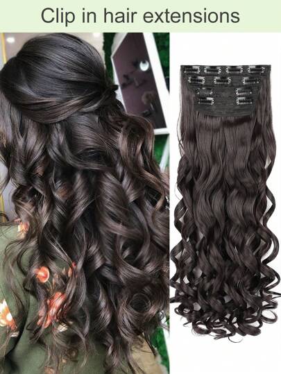 Extensões de Cabelo com Presilha, 20 Polegadas de Comprimento Ondulado 4 Peças Extensões de Cabelo Clip In Castanho Escuro , Fibras Sintéticas Naturais e Macias, Acessórios de Cabelo com Presilha para o Uso Diário de Mulheres