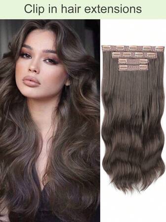 Clip In Hair Extensions, 20 In Long Wavy Synthetic Fiber Hair Extensions Clip Ins Thick Soft Synthetic Clip In Hairpieces For Women Girls Daily Use Party(Dark Brown)