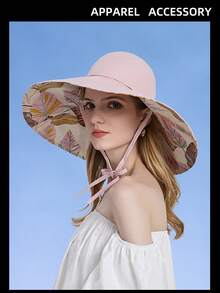 1pc Spring & Summer New Leaf Pattern Sun Hat, Ladies Half-Brimmed Ponytail Bucket Hat, Wide Brim - A - View 5