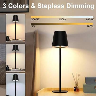1 Lámpara de mesa inalámbrica, ajustable en altura, recargable por USB tipo C de 5V, 3 temperaturas de color, regulable, lámpara de mesa LED portátil e impermeable para comedor, dormitorio
