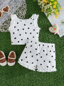 Baby Girl Cute Heart Print Sleeveless Top And Shorts 2pcs Set, Sweet Baby Outfits For Summer