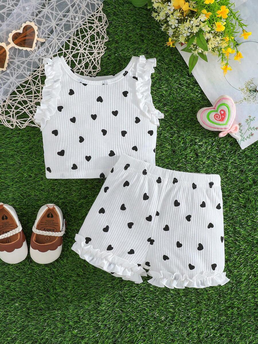 Baby Girl Cute Heart Print Sleeveless Top And Shorts 2pcs Set, Sweet Baby Outfits For Summer