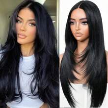 24"28" Long Straight 13x4 Lace Frontal Wigs For Women Free Part Lace Front Wigs Natural Hairline Black Root Easy-360 Synthetic Hair Wig Heat Resistant Fiber - Multicolor - View 2