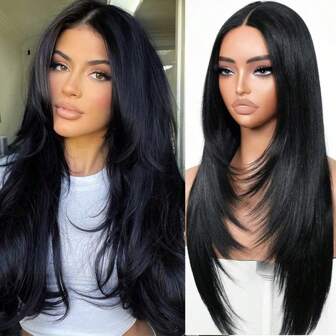 24"28" Long Straight 13x4 Lace Frontal Wigs For Women Free Part Lace Front Wigs Natural Hairline Black Root Easy-360 Synthetic Hair Wig Heat Resistant Fiber