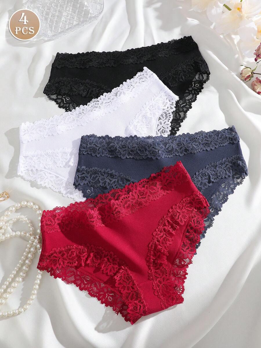 4pcs Women Minimalist Comfortable Lace Patchwork Seamless Panties - Multicolor - View 1
