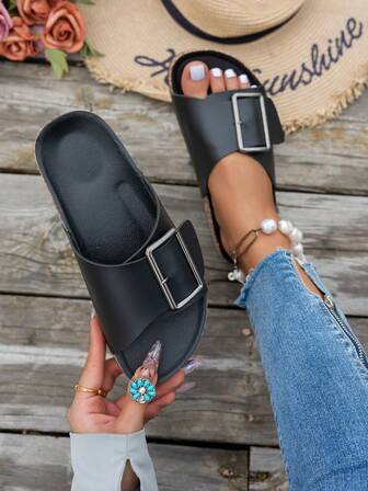 女士休闲时尚百搭平底凉鞋，带足弓支撑和可调节扣，防滑耐磨，圆头单带凉鞋