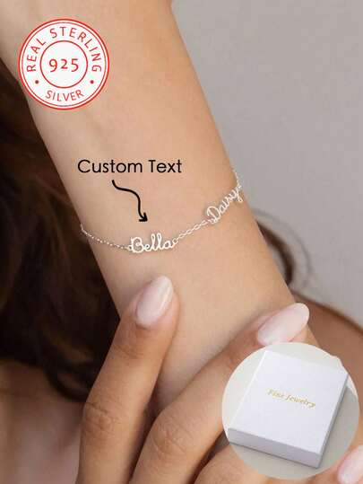 Ett 925 silver mode enkelt anpassat armband med två engelska namn, parsmycken för damer, klassiskt och tidlöst. Enkel och vacker, unik design, det är ett mångsidigt dagligt tillbehör, kan bäras på våren, sommaren, hösten och vintern, det är en överraskningspresent till din mamma, vänner och familj vid jul, mors dag, tacksägelse, födelsedagar och familjesammankomster